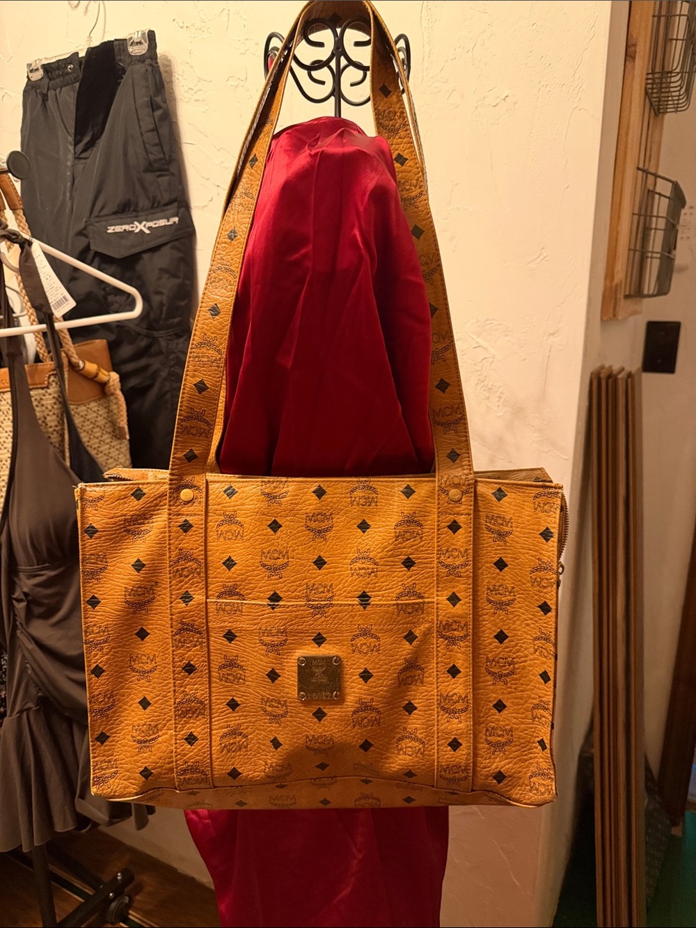 MCM Cognac Visetos Logo Tote in Tan